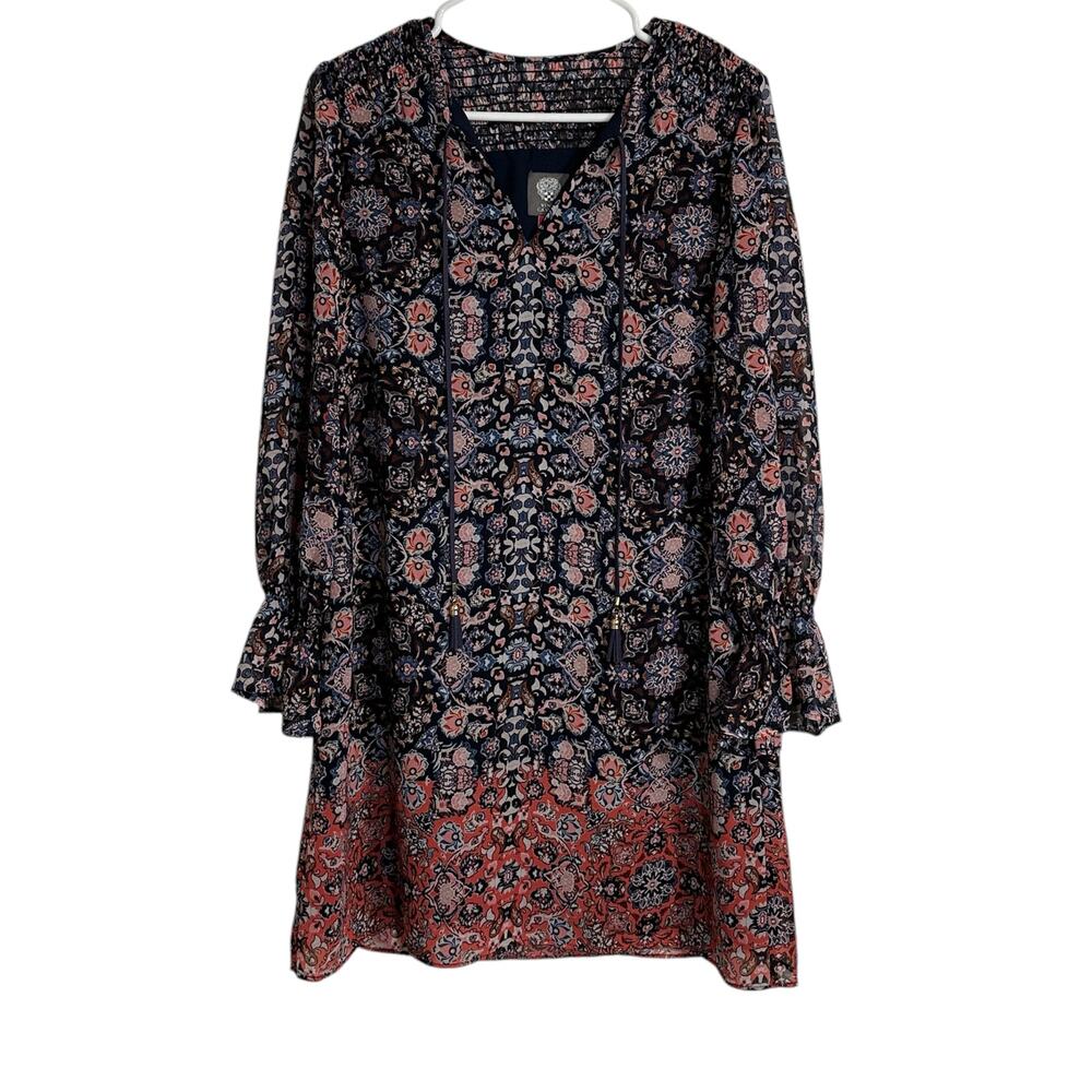 Vince Camuto Dress Womens 4 Blue Floral Boho Chiffon Lined Straight Shift Mini